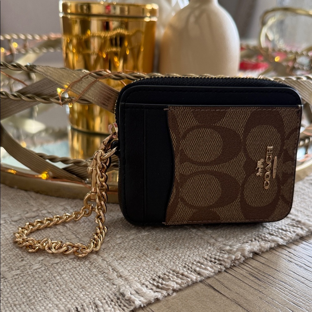 Coach Black and Brown 4 Card Holder with Gold Chain